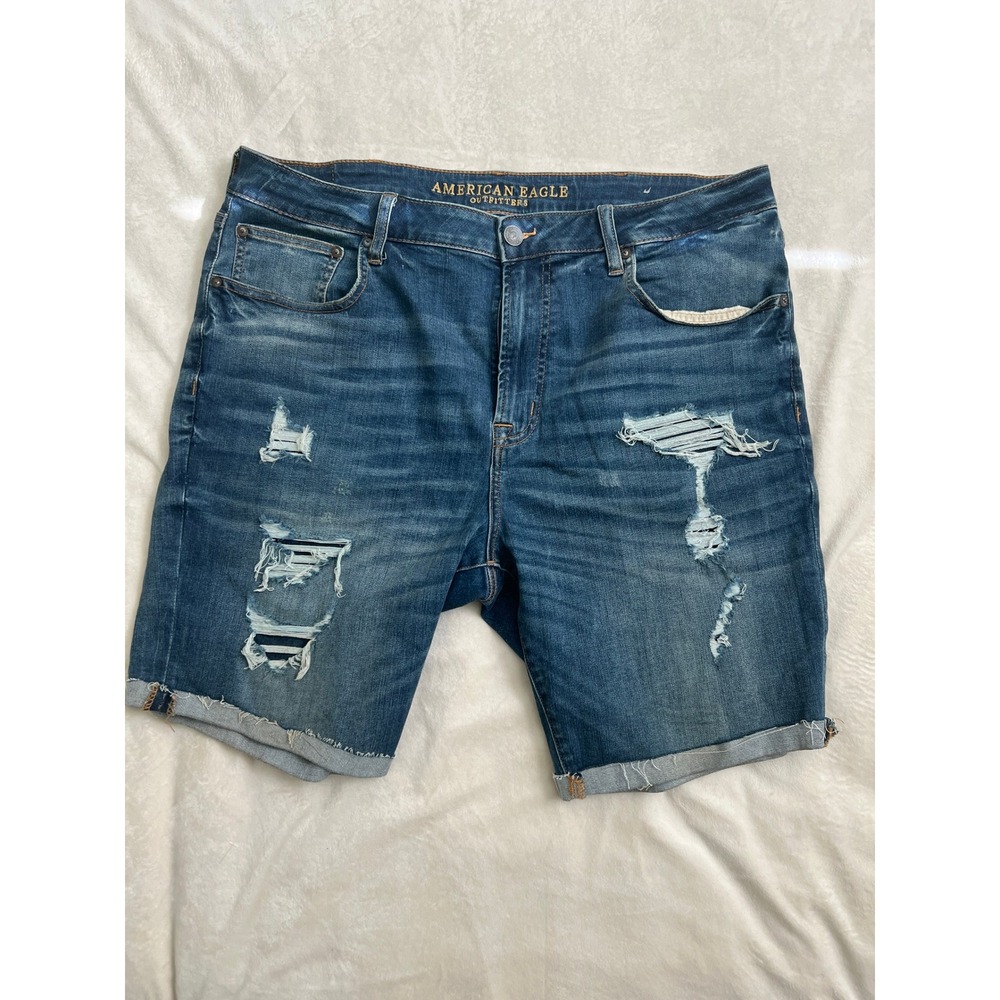 American Eagle Extreme Flex Distressed Denim Shorts Mens 38 Blue Ripped Cutoff